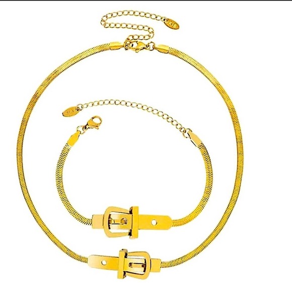 Belt Buckle Design Gold Plated Herringbone Choker Matching Bracelet Set - Picture 3 of 14
